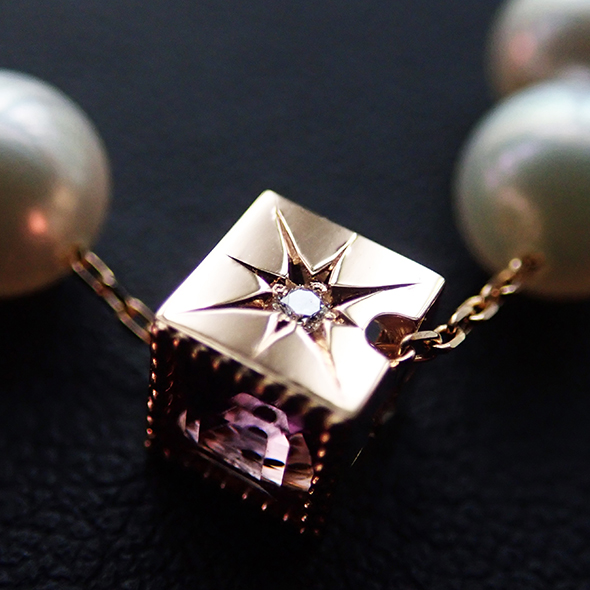 パールとアメジストのネックレス　彫り留めしたダイヤモンド K18ピンクゴールド 真珠 アメジスト ダイヤモンド 写真3